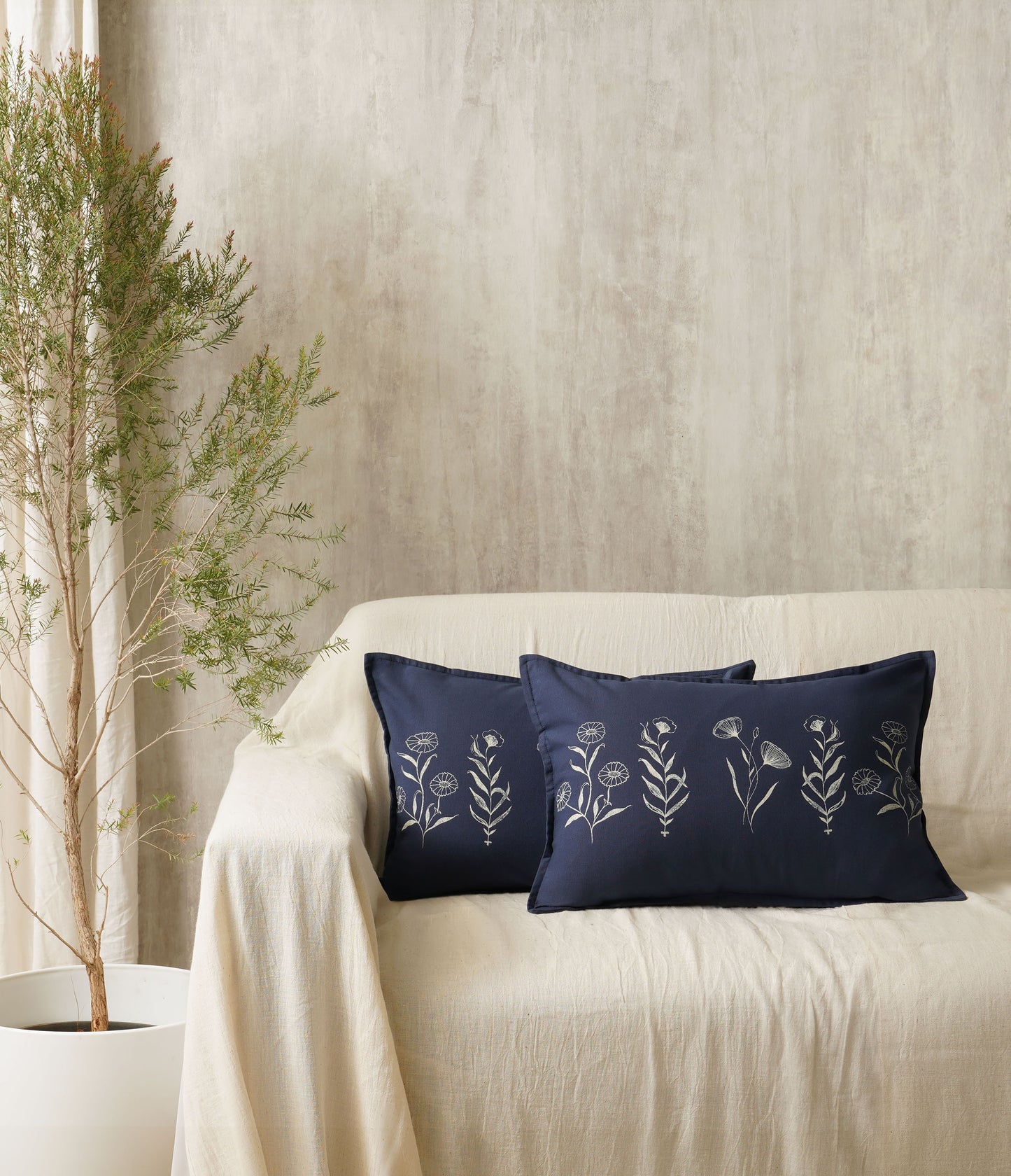 Summer Meadow Lumbar Cushion Cover, Navy Blue (14” X 20”)