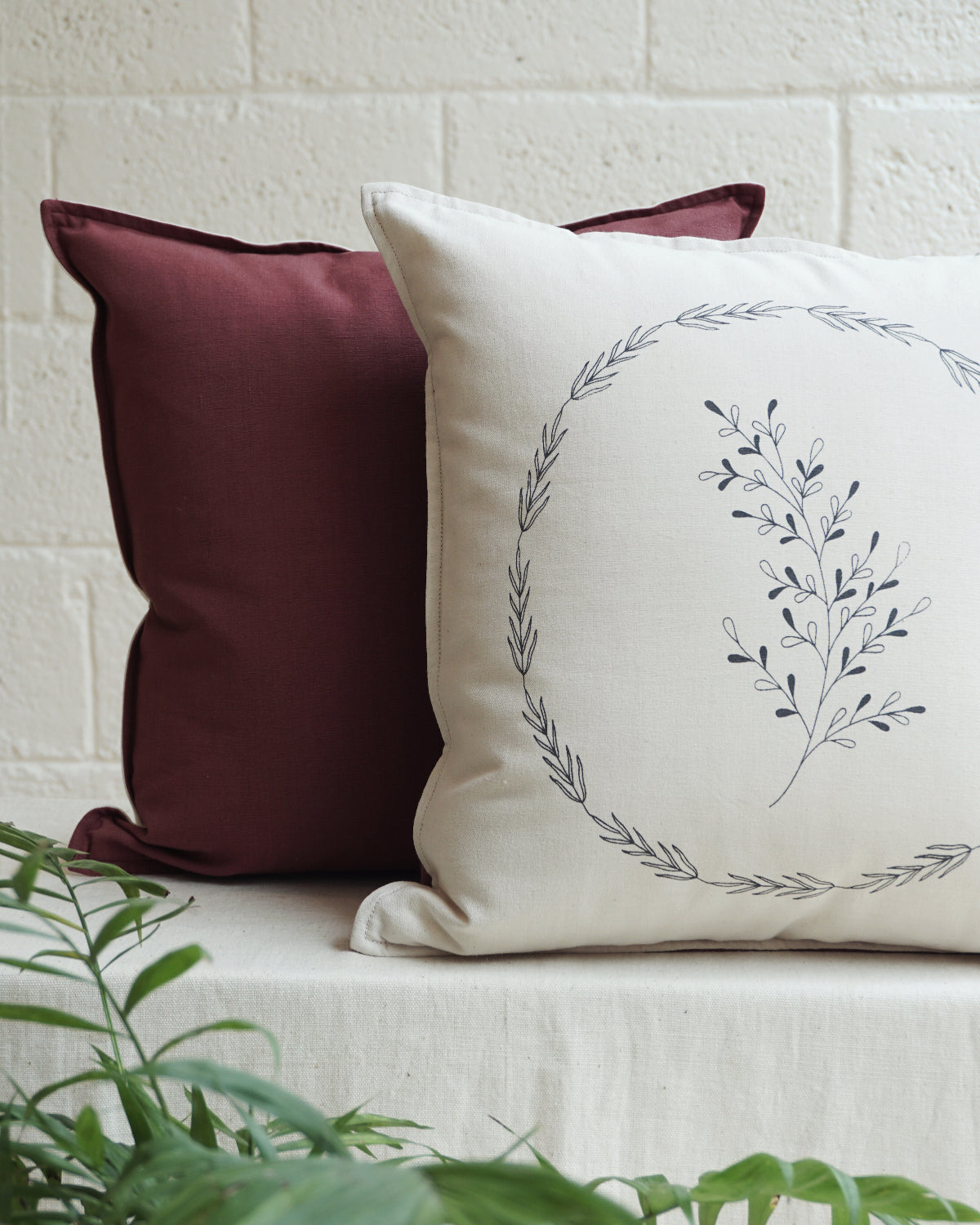 Foliage Cushion Cover, White Sand (16” X 16”)