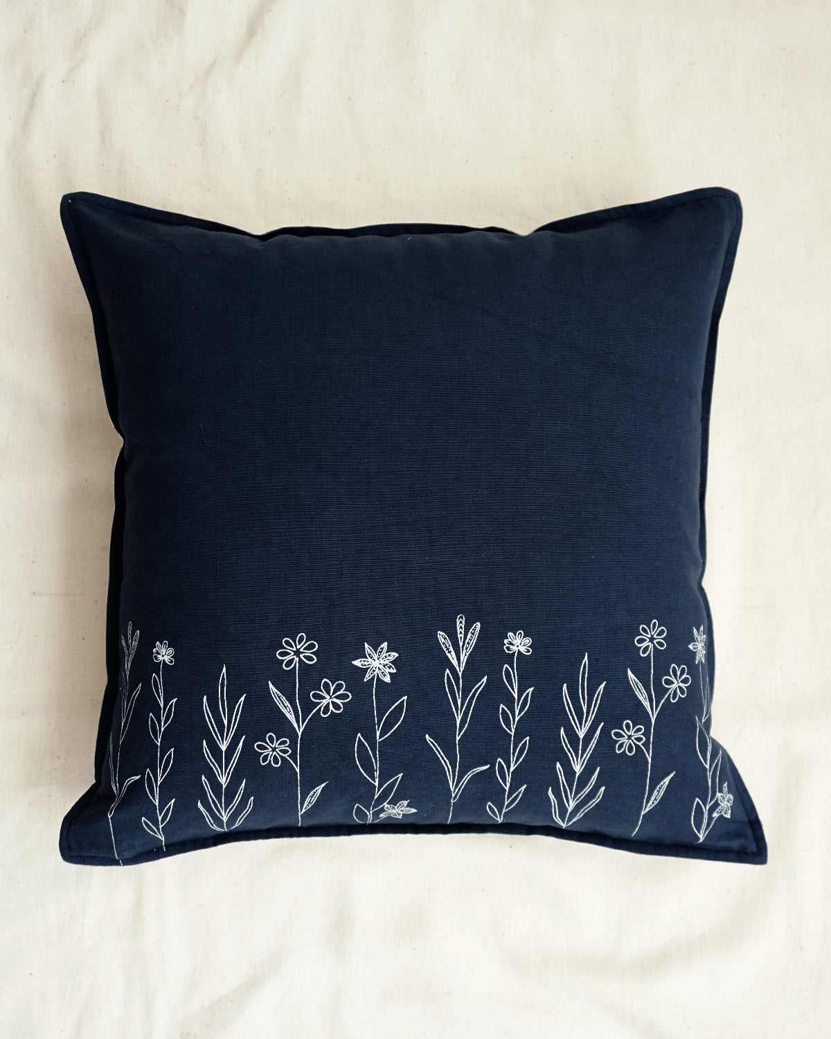 Wildflower Cushion Cover, Navy blue (16” X 16”)