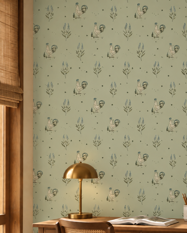 Rooster Wallpaper, Sage Green