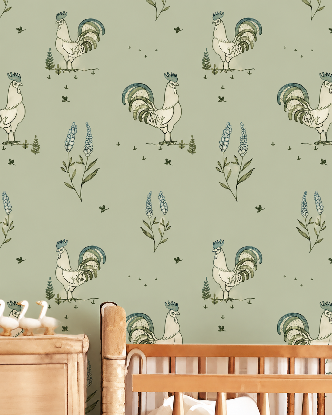 Rooster Wallpaper, Sage Green