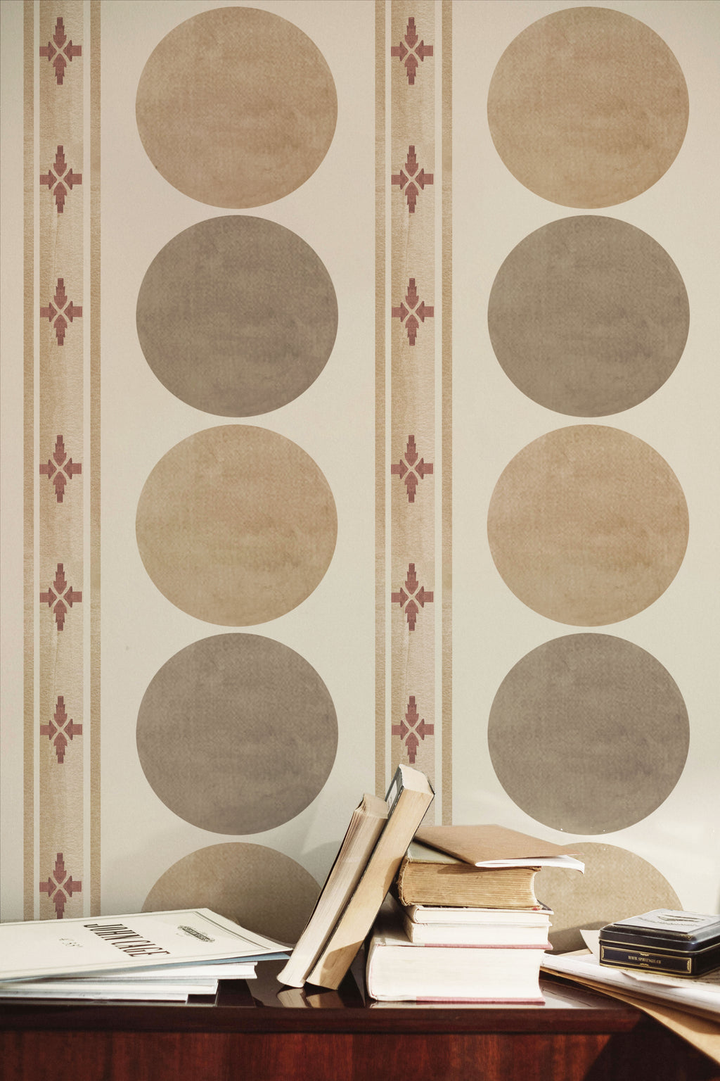 Desert Moon wallpaper with large taupe and sand circles, ochre stripes, and rust motifs