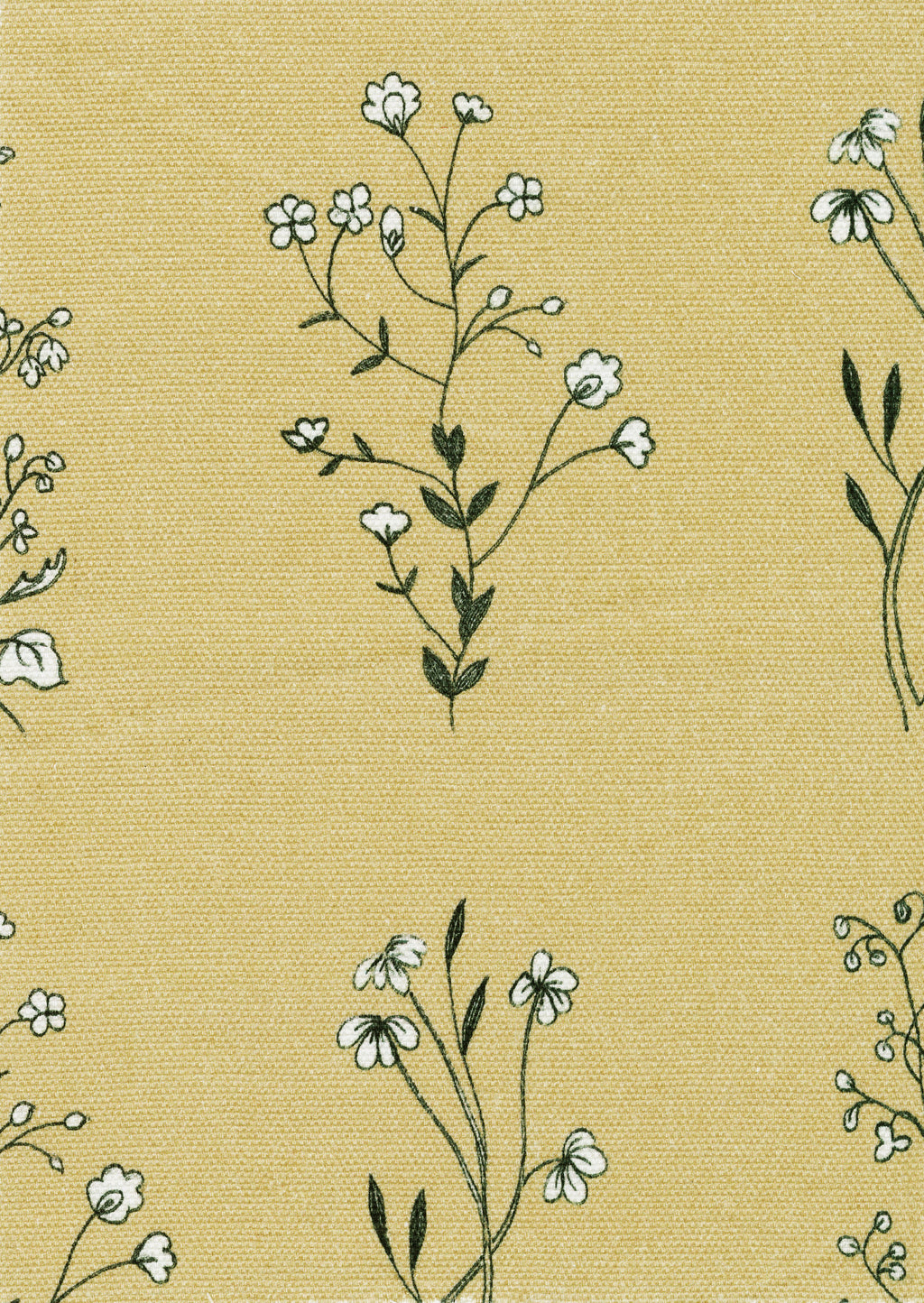 English Meadow print fabric in ochre with hand-drawn wildflowers; soft, nature-inspired pattern. 
