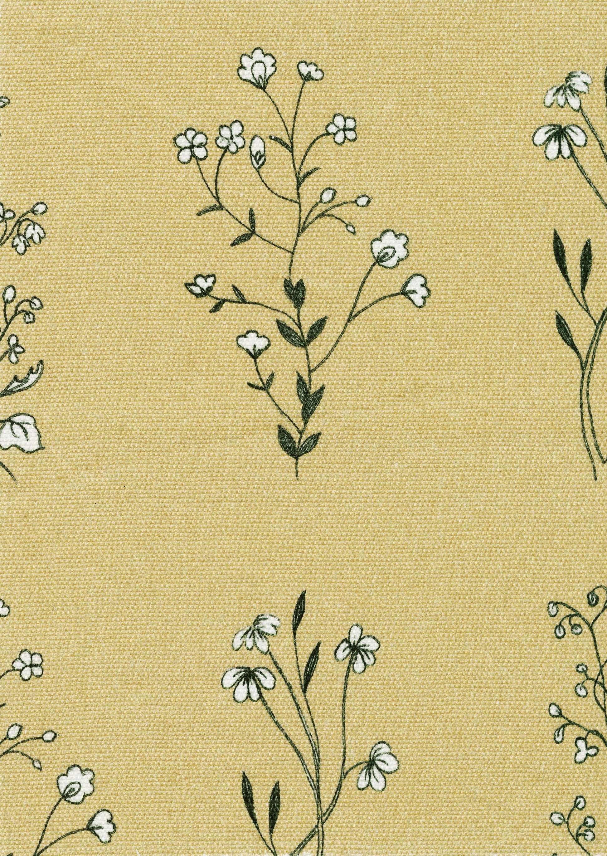 English Meadow print fabric in ochre with hand-drawn wildflowers; soft, nature-inspired pattern. 
