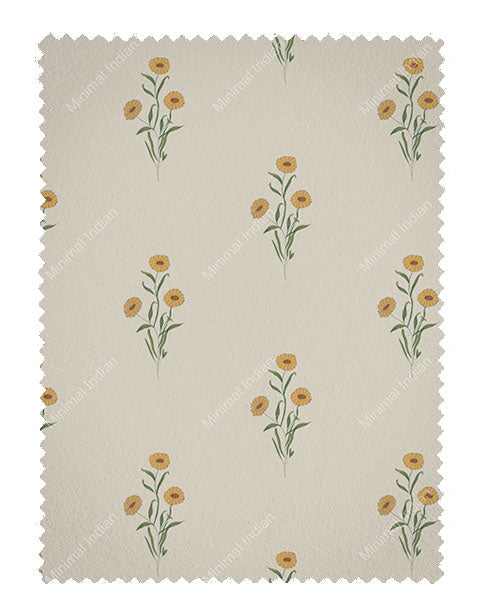 Marigold floral wallpaper in turmeric yellow with hand-drawn blooms and leaves. 