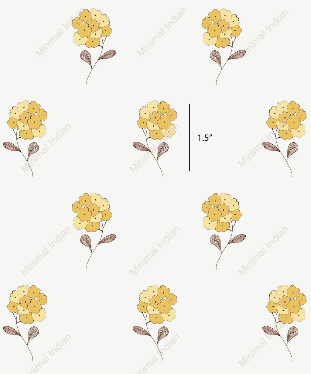 Tagar floral wallpaper in mustard with stylised hand-drawn blooms.