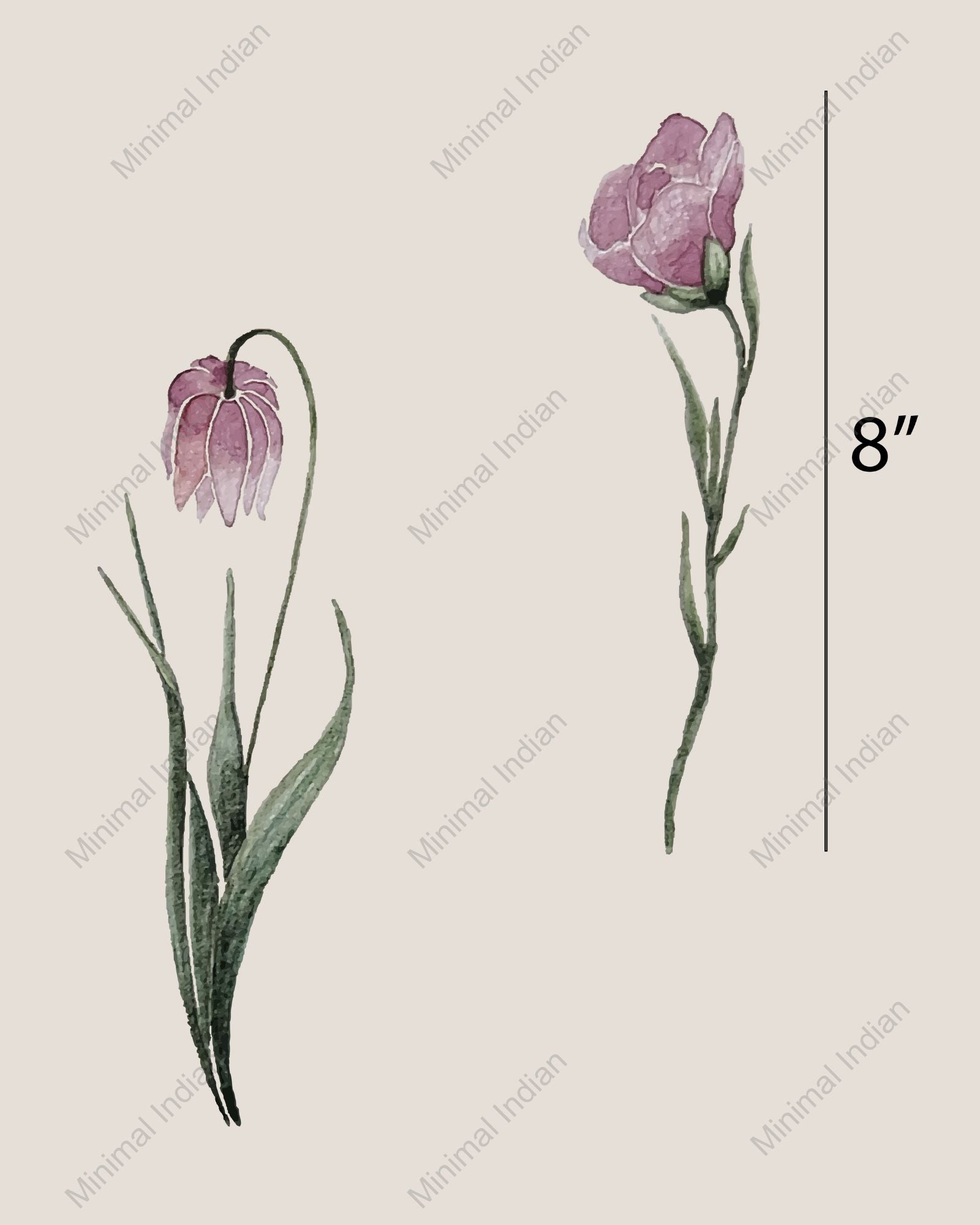 Hand-illustrated tulip and carnation sprigs in muted tones, repeating floral wallpaper.