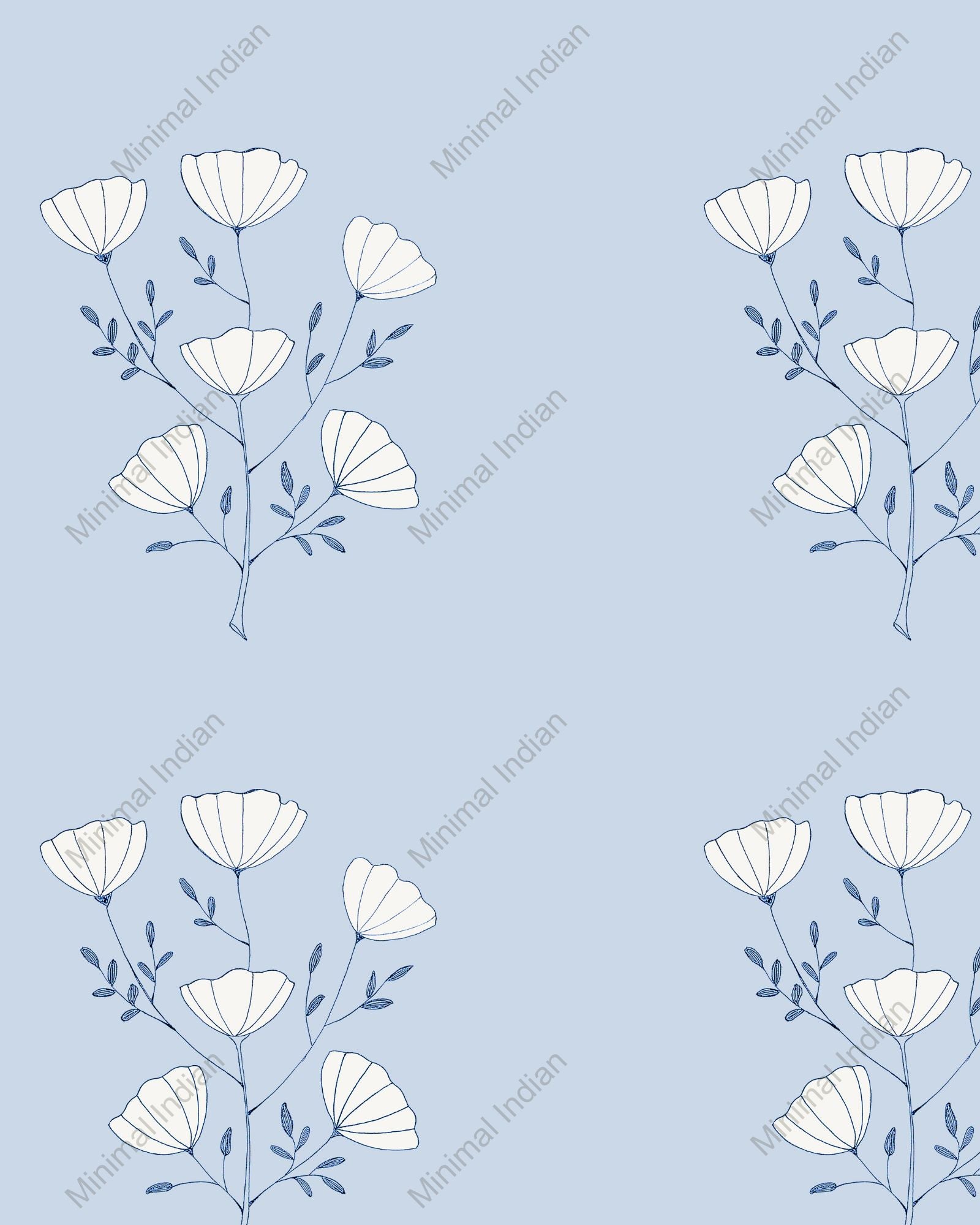 Sky-blue poppy wallpaper with fine line blooms and airy repeats.