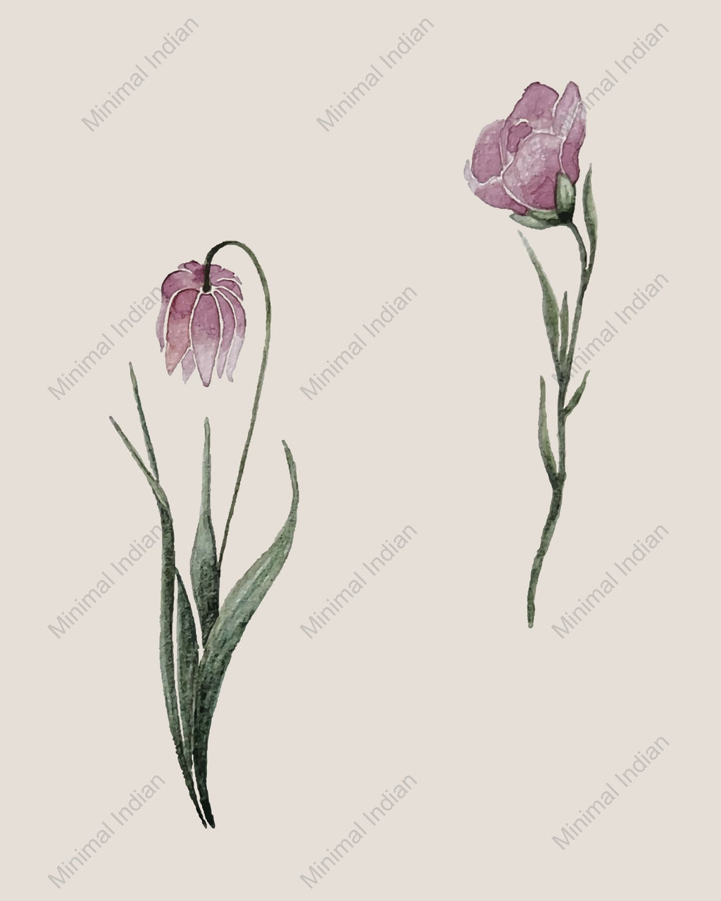 Hand-illustrated tulip and carnation sprigs in muted tones, repeating floral wallpaper.