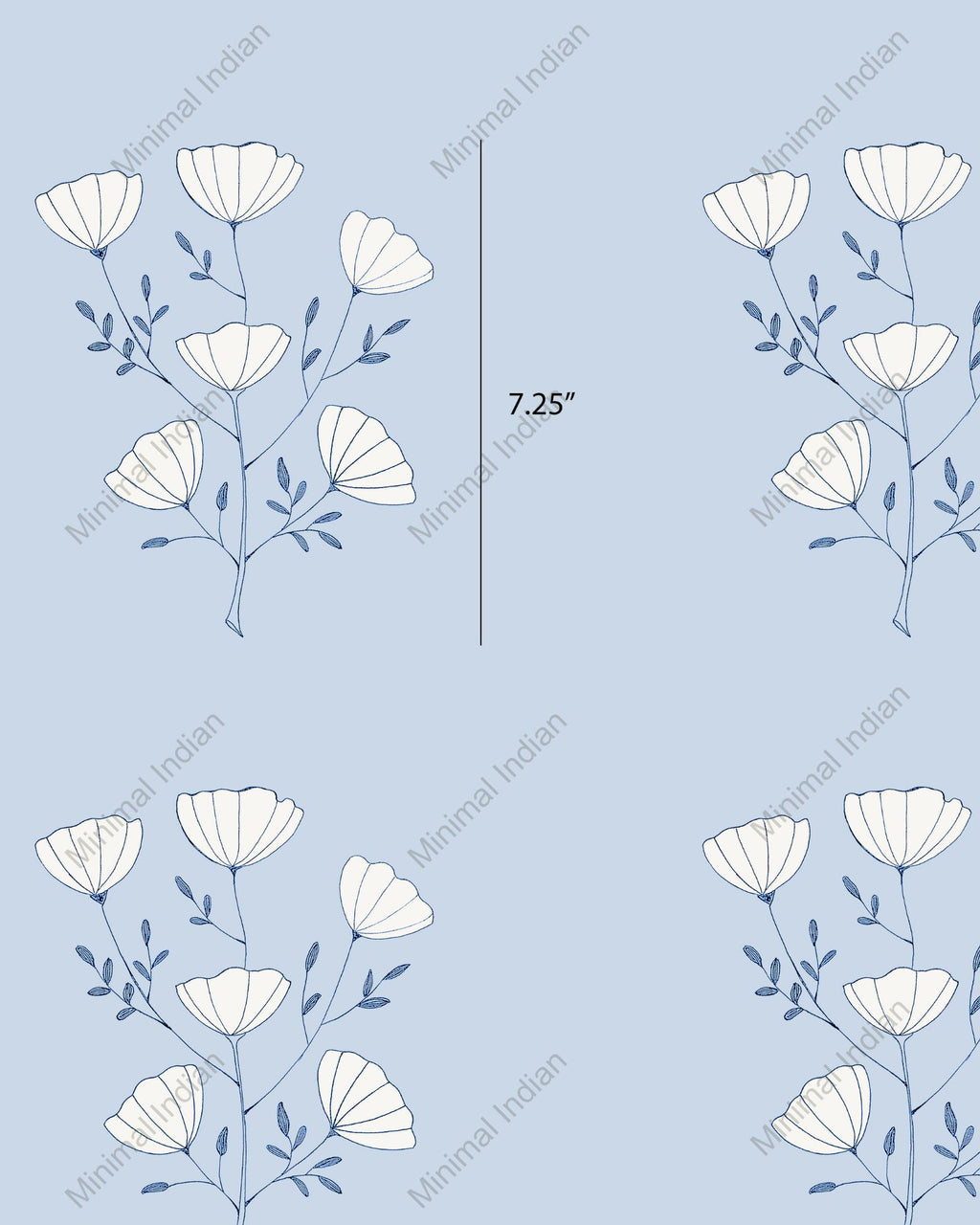 Sky-blue poppy wallpaper with fine line blooms and airy repeats.