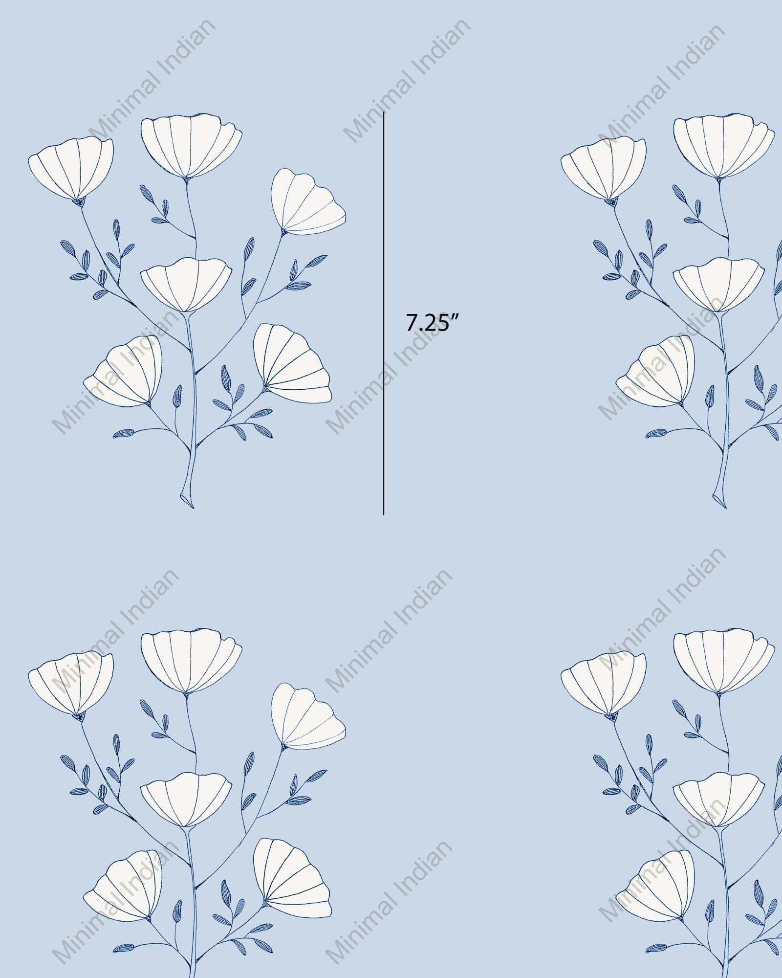 Sky-blue poppy wallpaper with fine line blooms and airy repeats.
