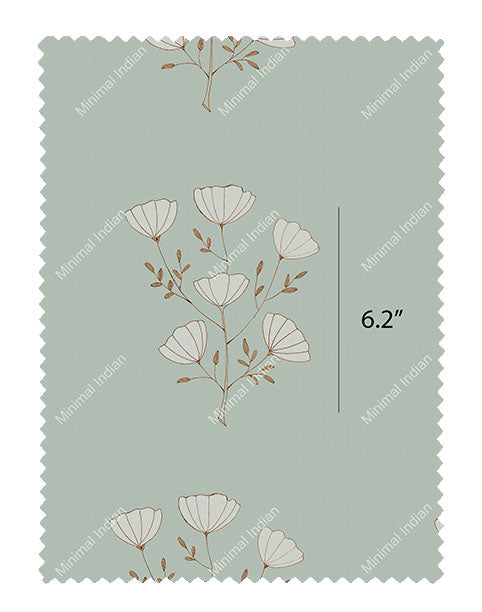 Poppy flower wallpaper on a sea-green ground with delicate hand-illustrated stems. 