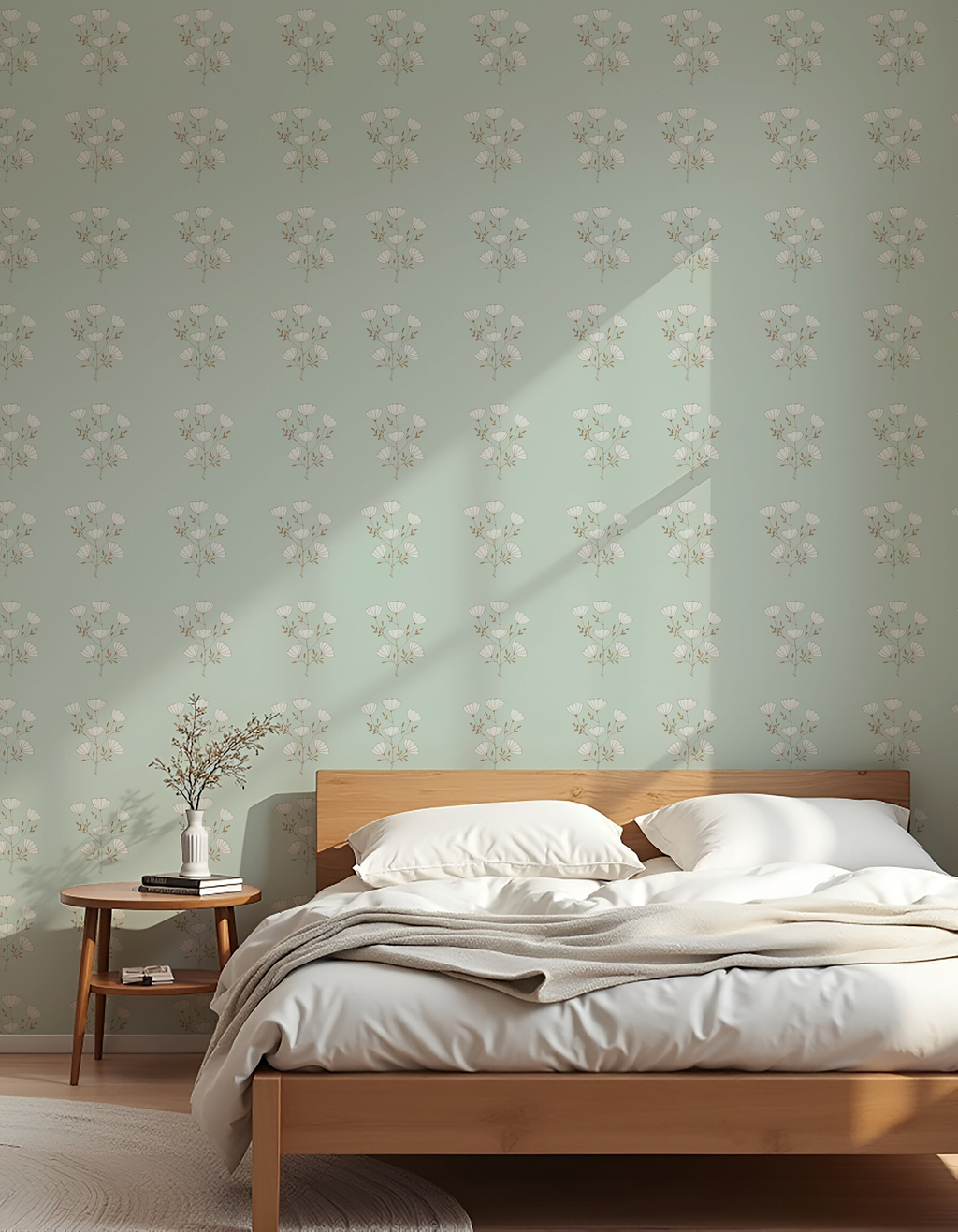 Poppy flower wallpaper on a sea-green ground with delicate hand-illustrated stems. 