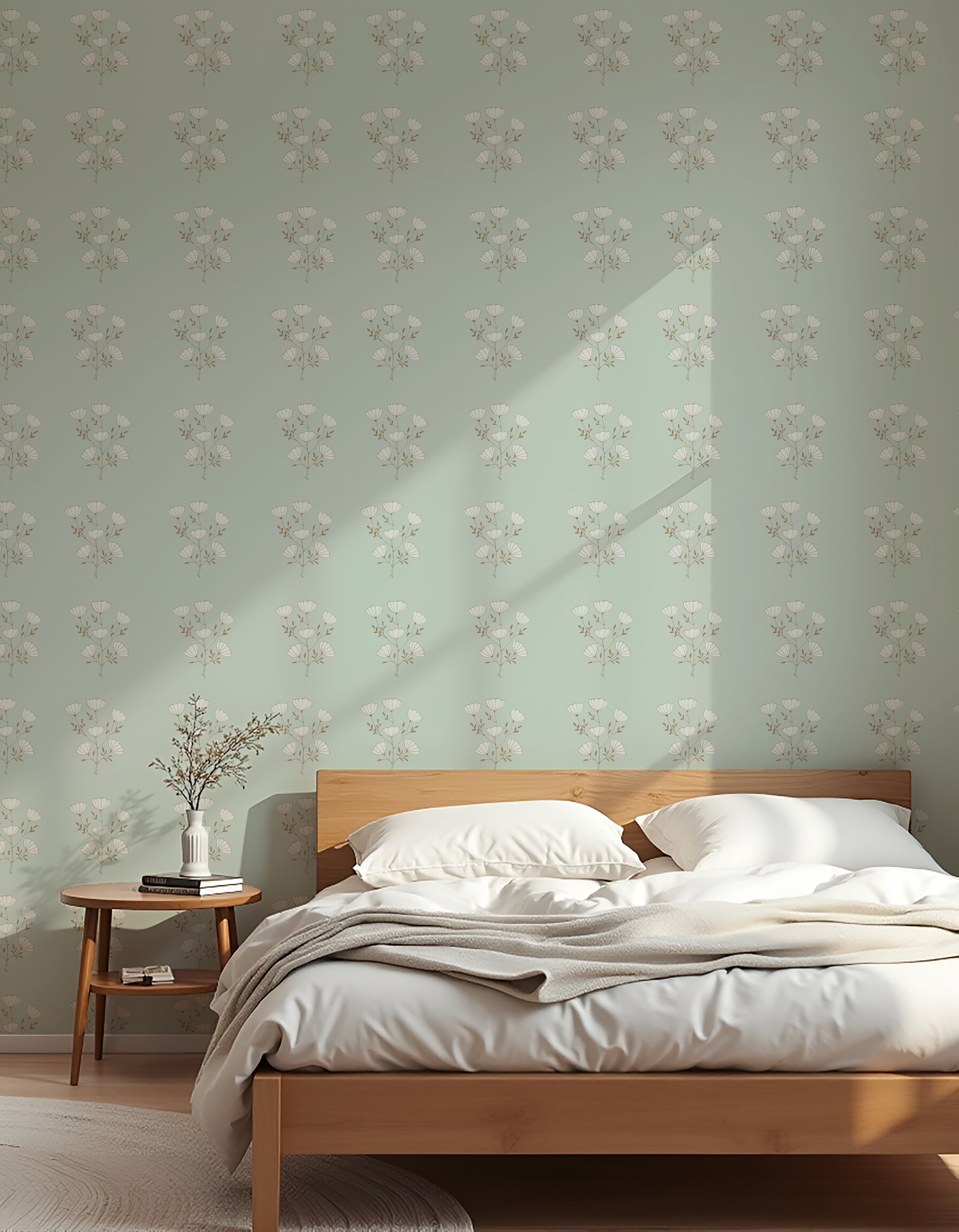 Poppy flower wallpaper on a sea-green ground with delicate hand-illustrated stems. 