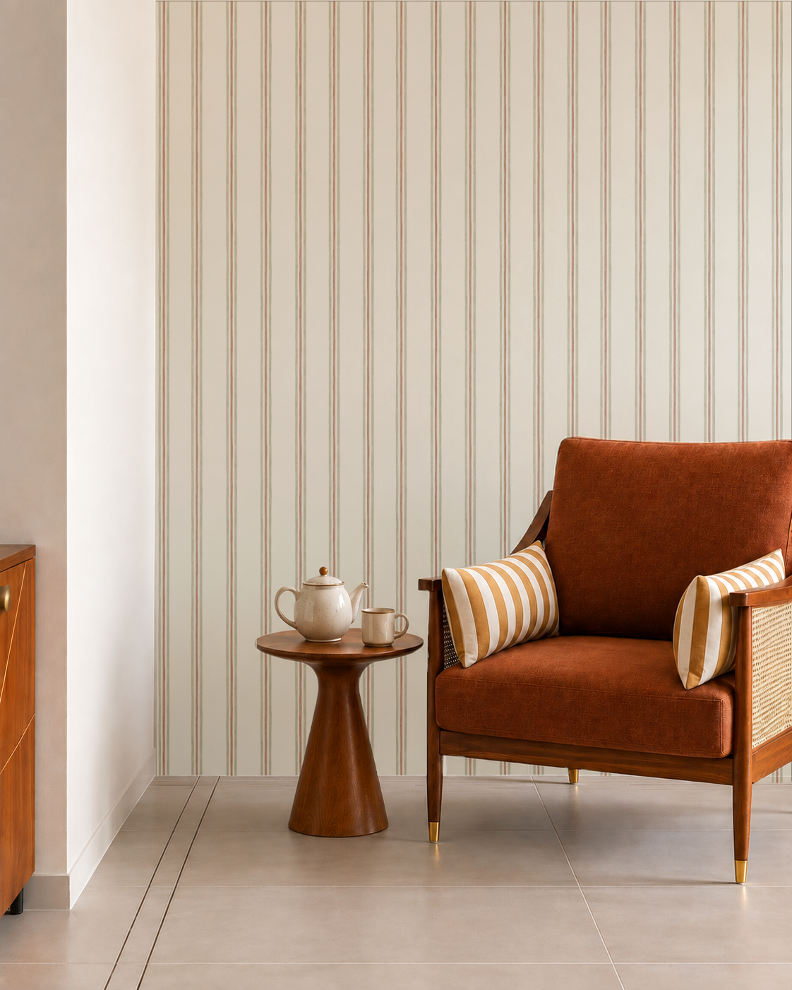 Maison Stripe Wallpaper, Sage and Red