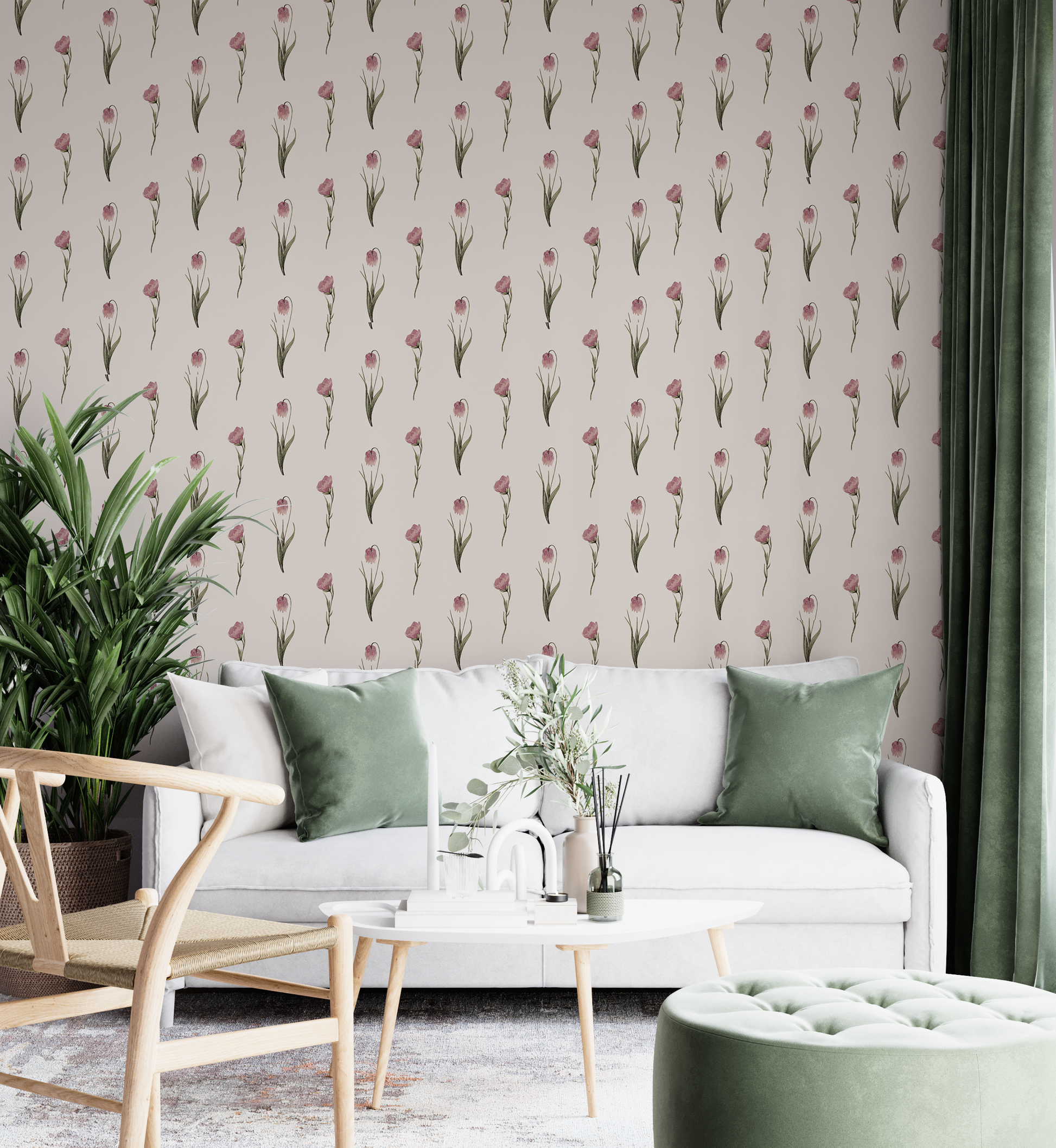 Hand-illustrated tulip and carnation sprigs in muted tones, repeating floral wallpaper.