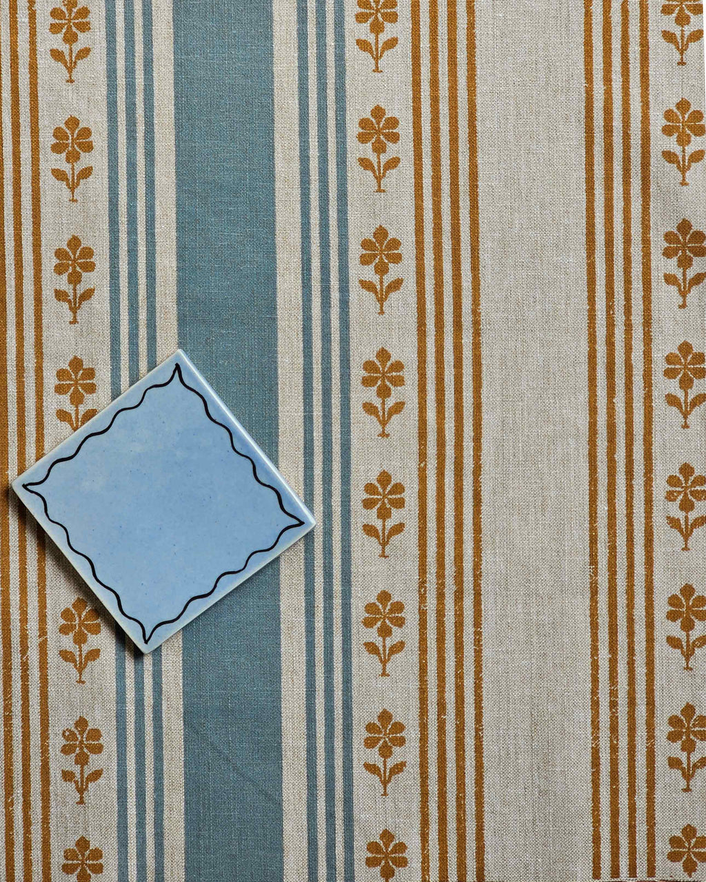Camellia Fabric, Ochre & Steel Blue