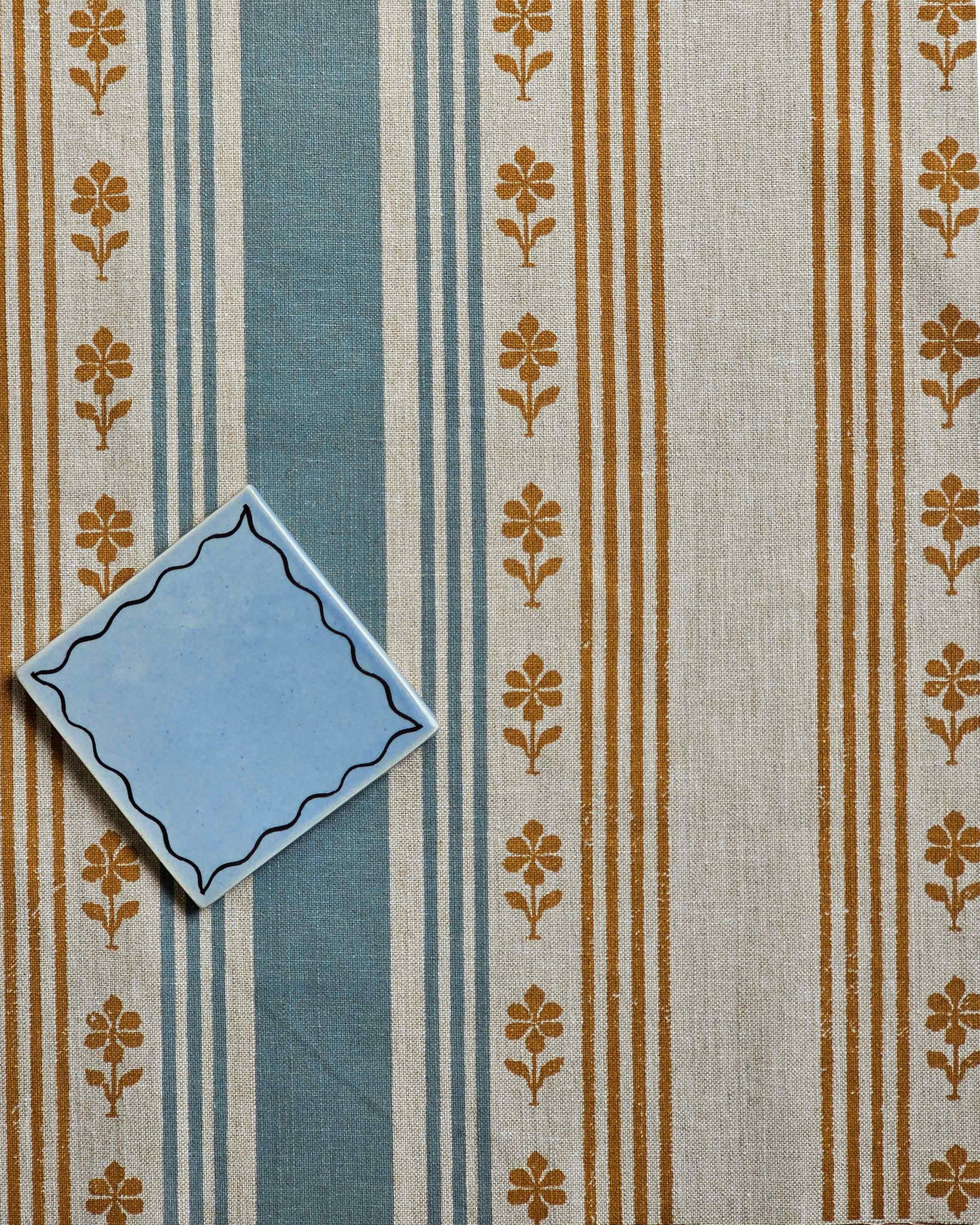 Camellia Fabric, Ochre & Steel Blue