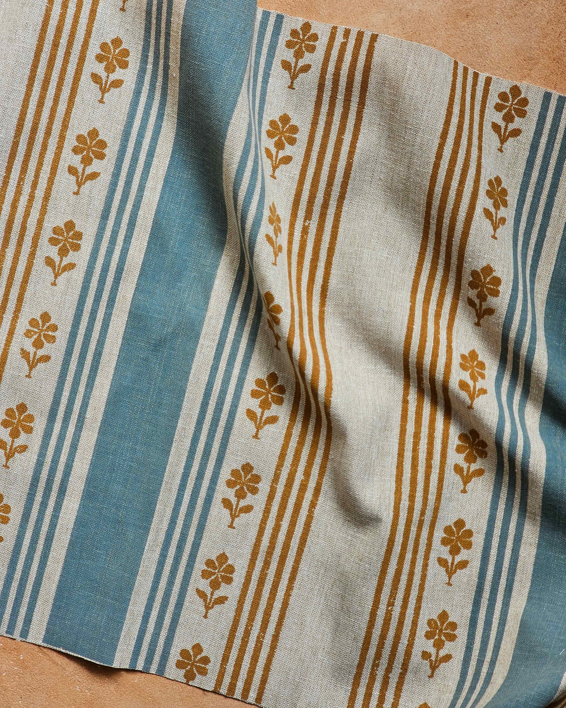 Camellia Fabric, Ochre & Steel Blue