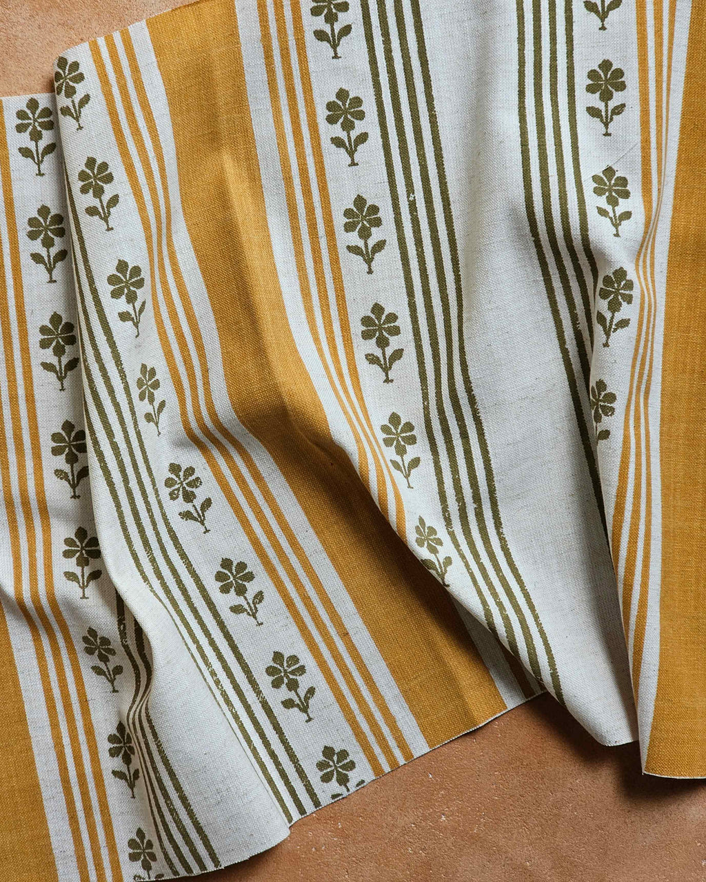 Camellia Fabric, Ochre & Sage Green