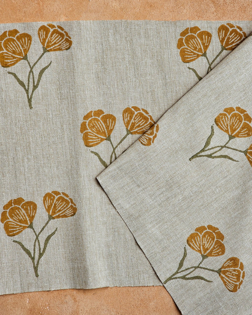 Poppy Fabric, Ochre & Green