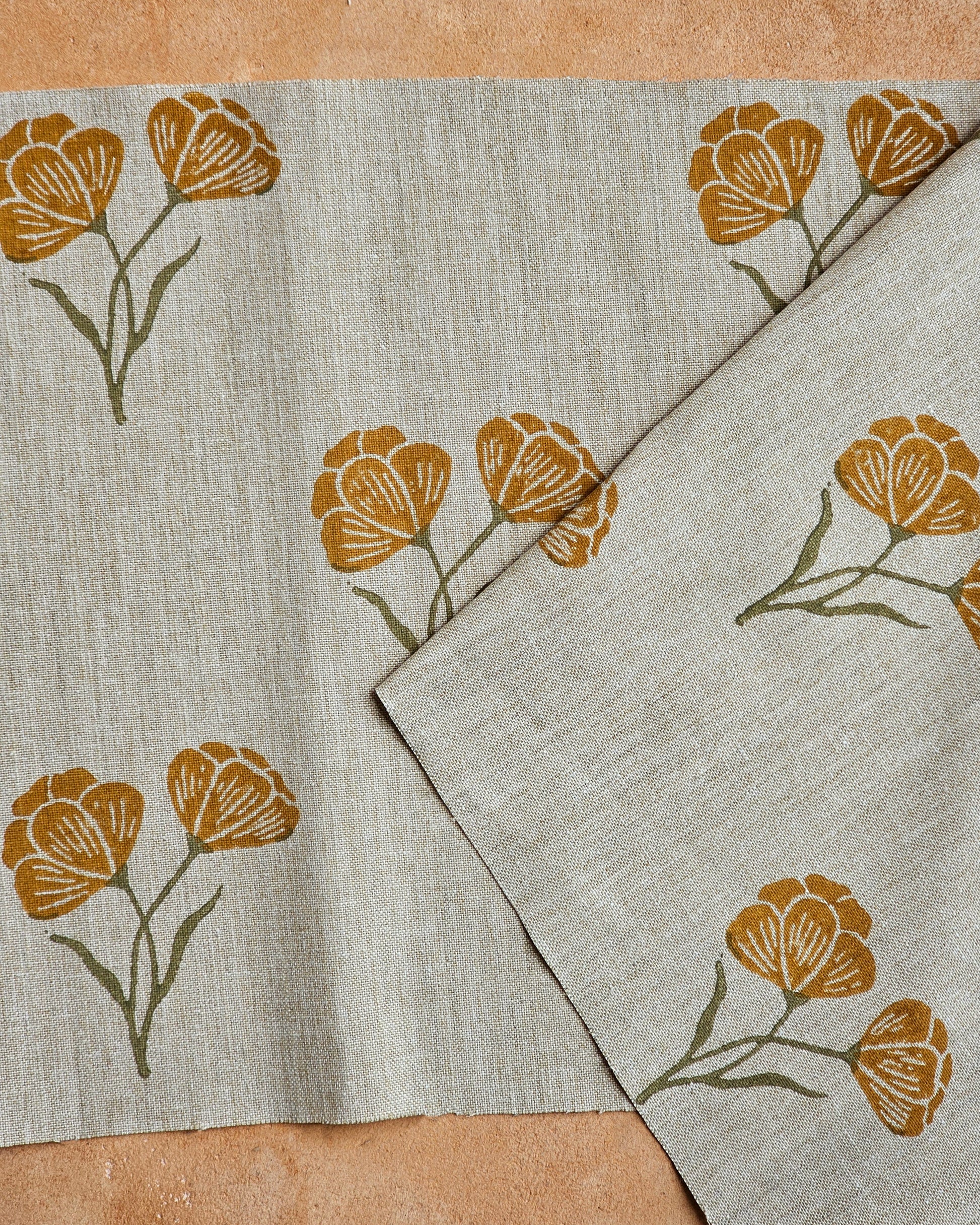 Poppy Fabric, Ochre & Green