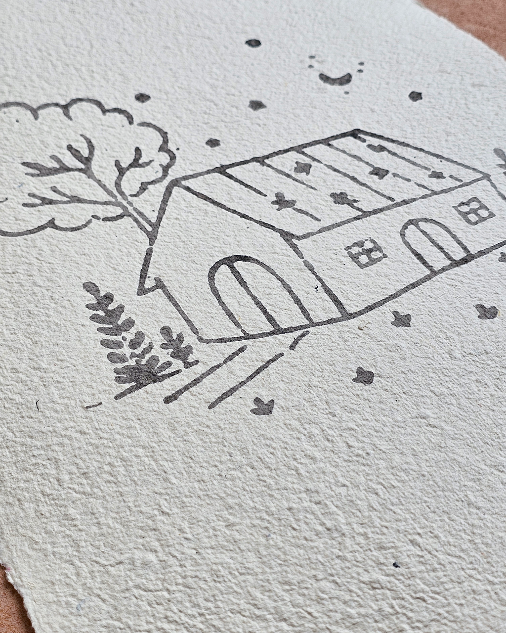 Farm House Art Print On Handmade Cotton Paper (Width: 12" Height : 16.5")