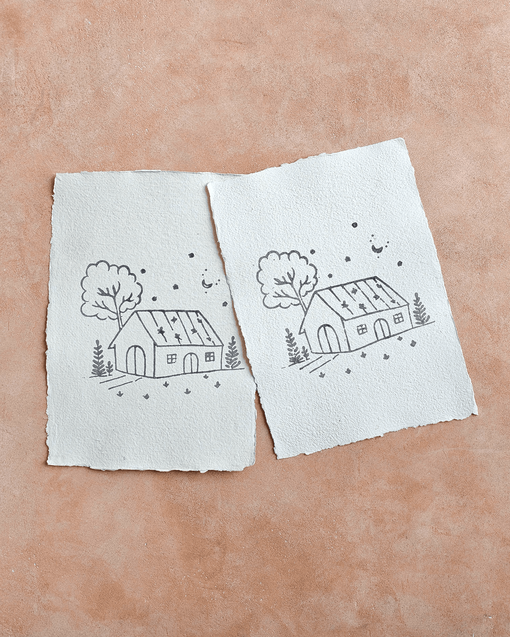 Farm House Art Print On Handmade Cotton Paper (Width: 12" Height : 16.5")