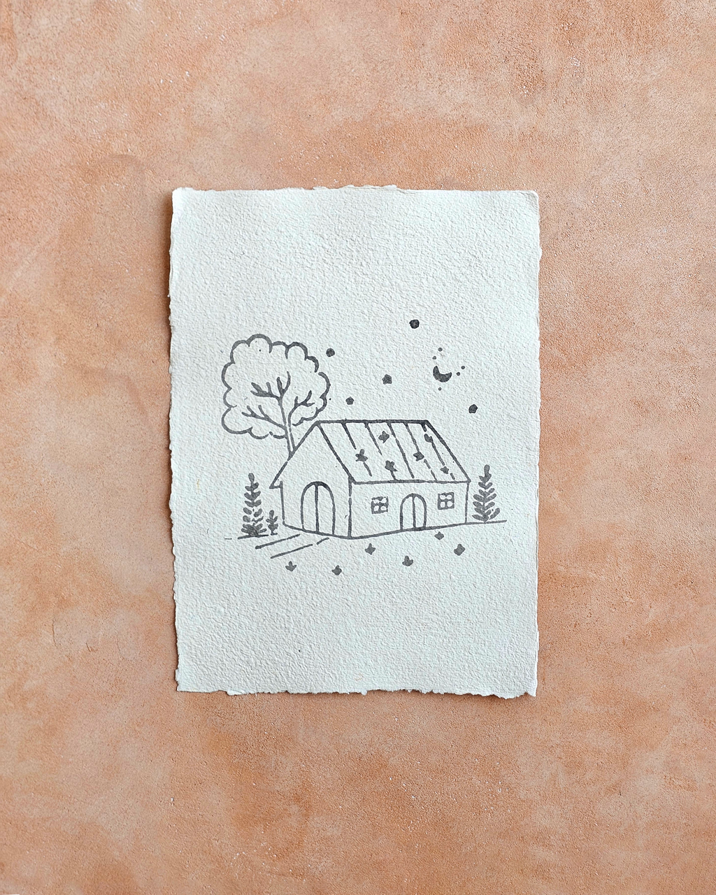 Farm House Art Print On Handmade Cotton Paper (Width: 12" Height : 16.5")
