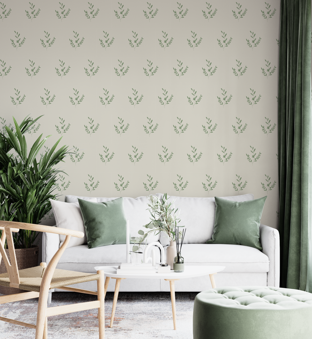 Mistletoe sprig wallpaper with clustered berries and leaves in a light, repeating pattern