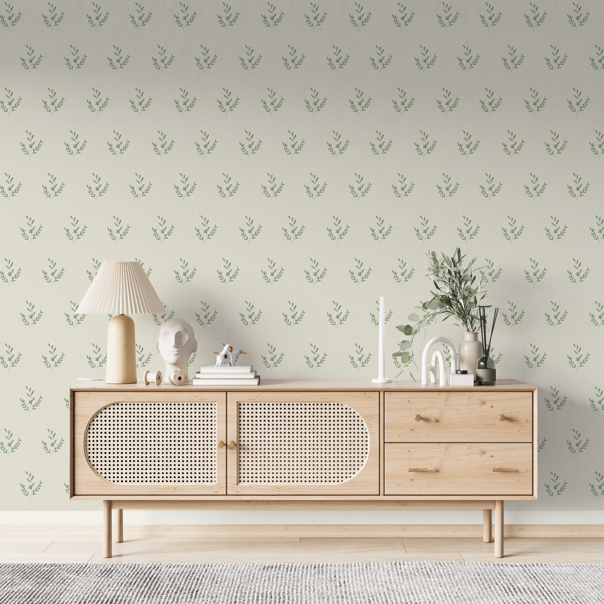 Mistletoe sprig wallpaper with clustered berries and leaves in a light, repeating pattern