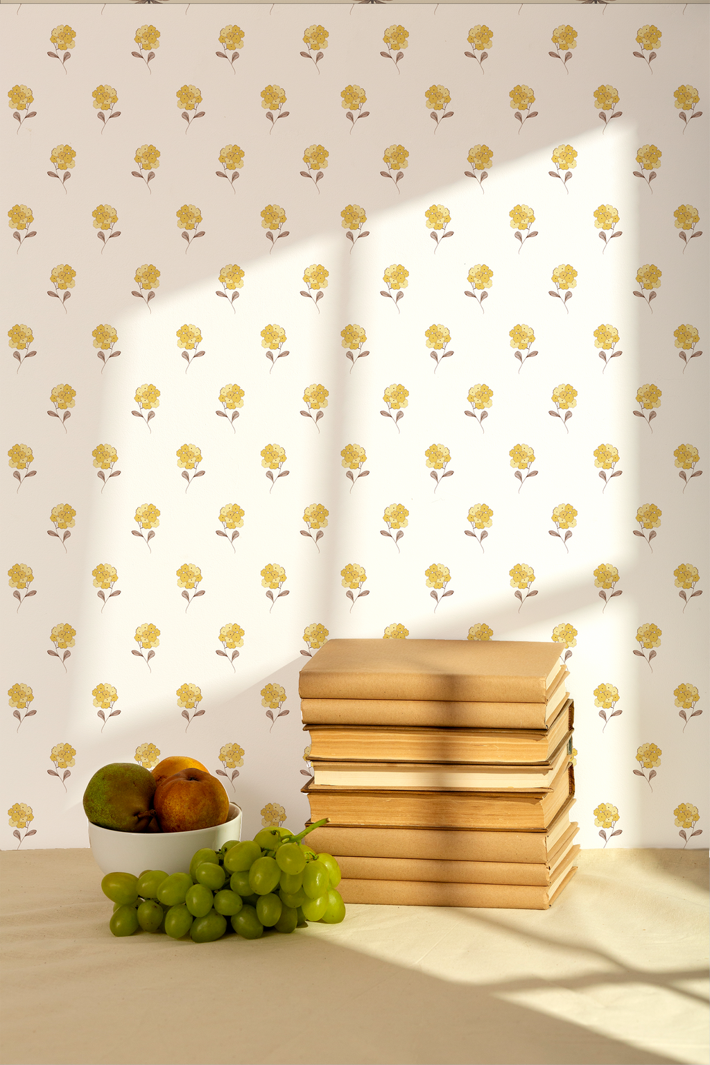 Tagar floral wallpaper in mustard with stylised hand-drawn blooms.