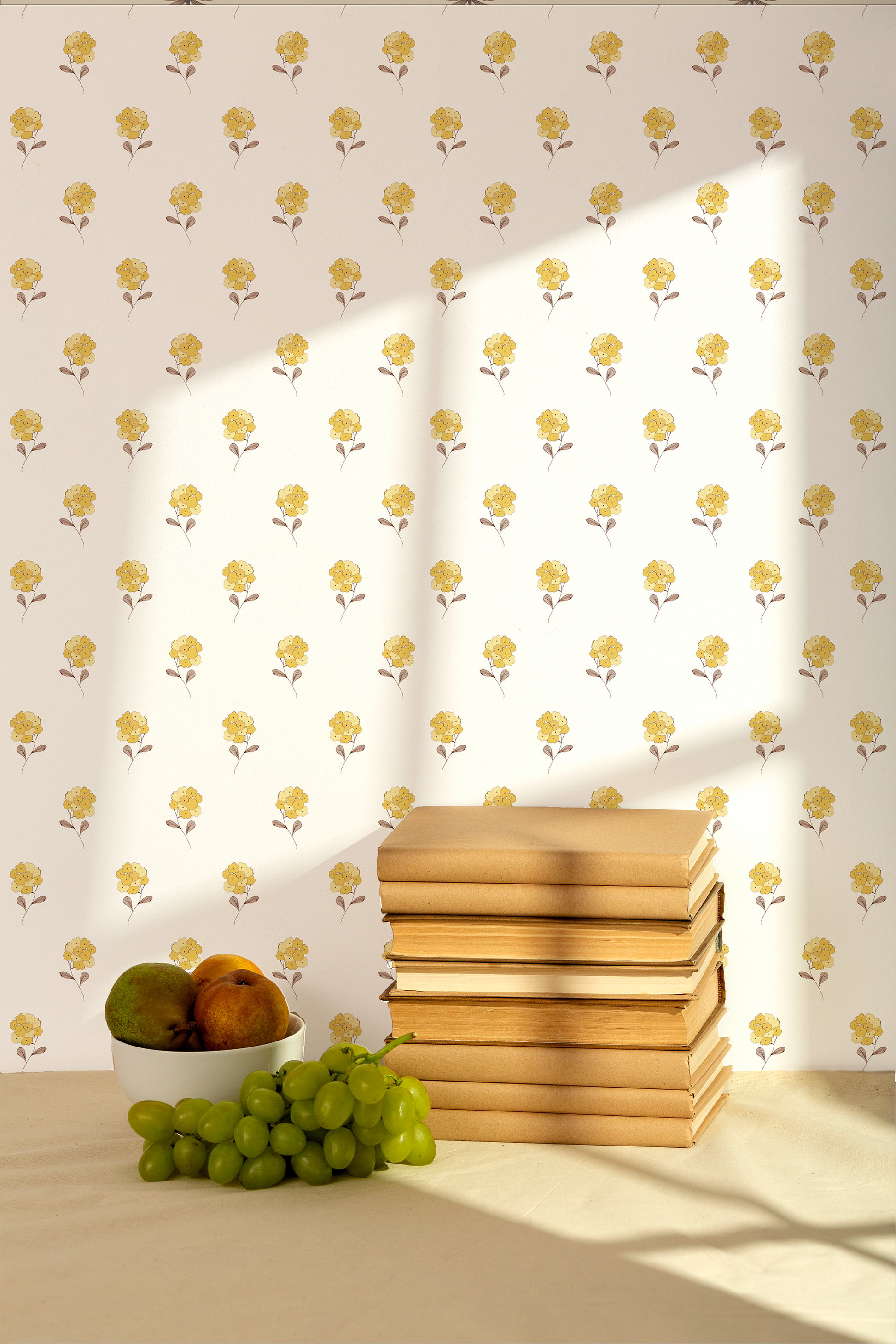 Tagar floral wallpaper in mustard with stylised hand-drawn blooms.