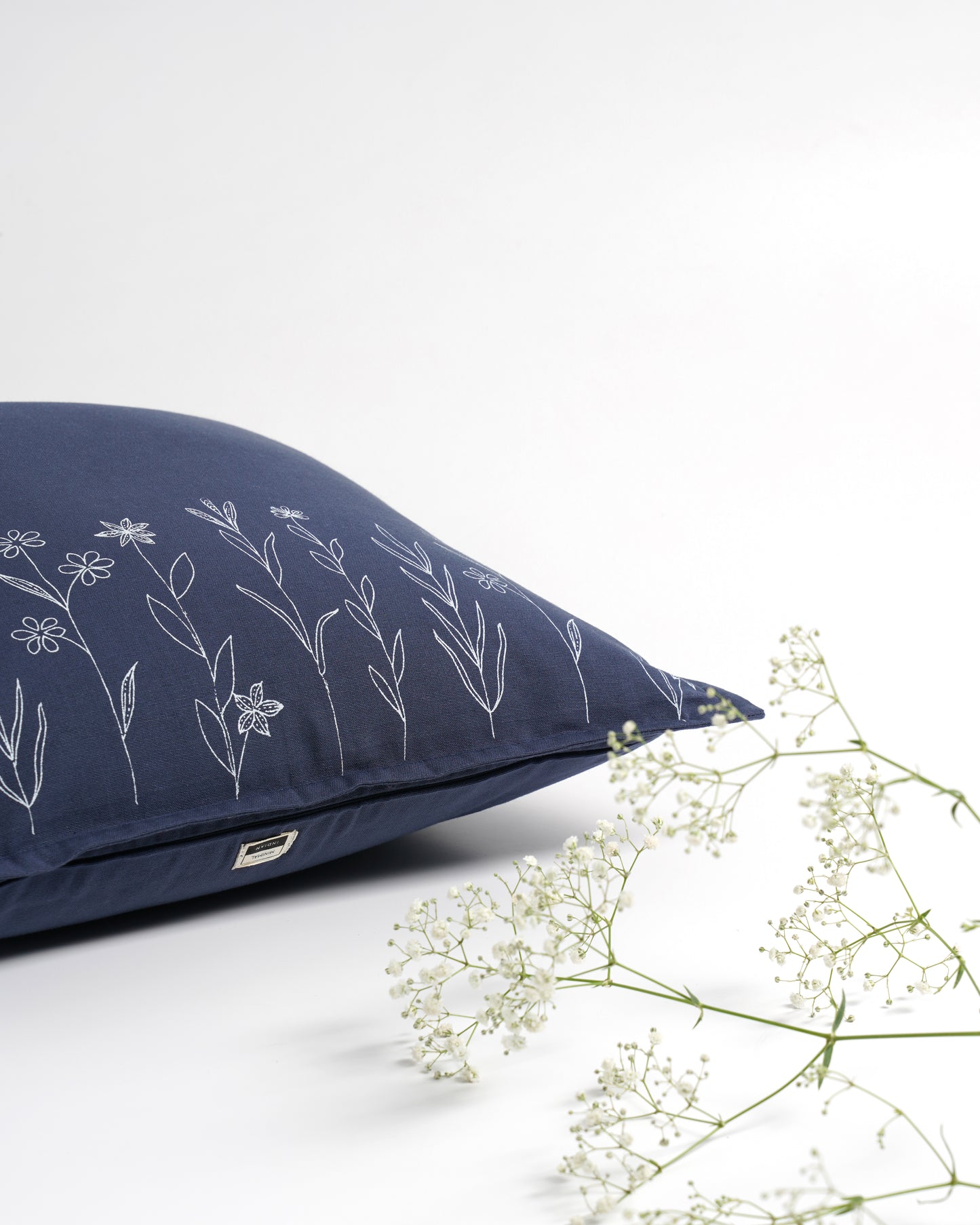 Wildflower Cushion Cover, Navy blue (16” X 16”)