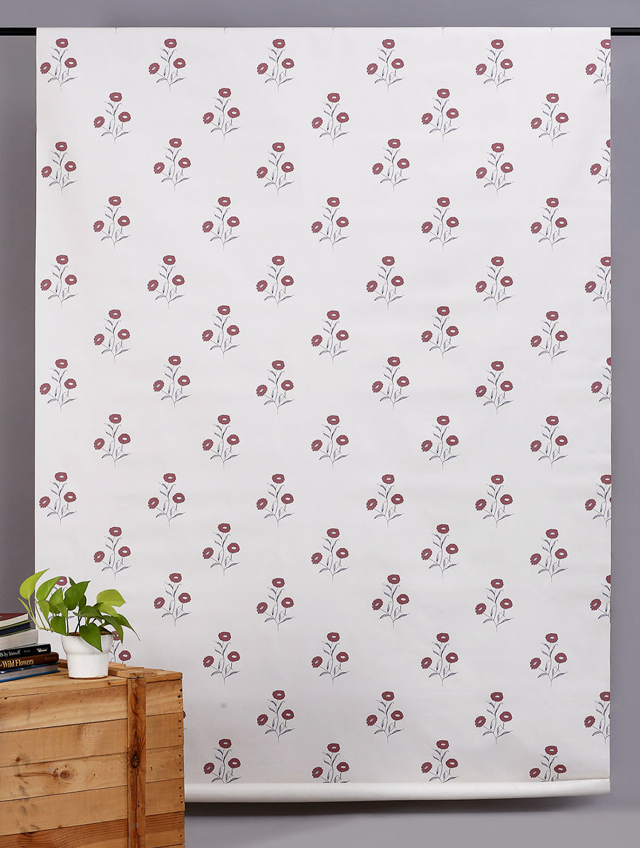 Marigold floral wallpaper in deep red with repeating hand-drawn flowers and foliage.