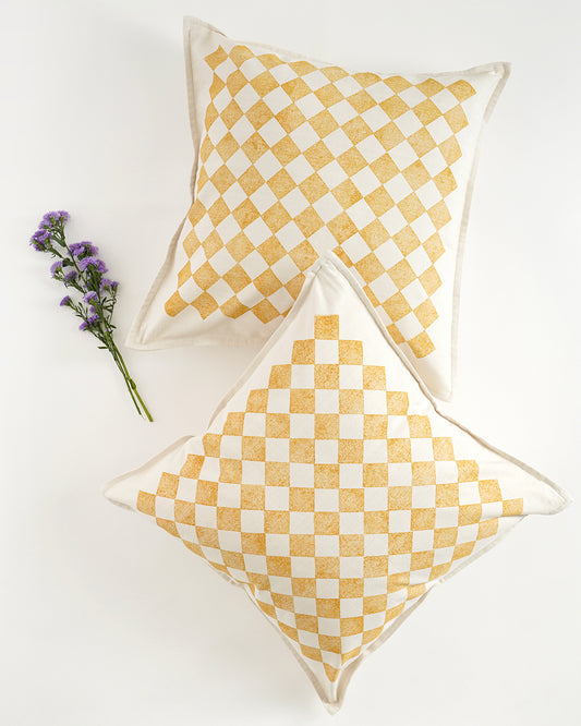 Chessboard Cushion Cover, Corn Yellow (18” X 18”)