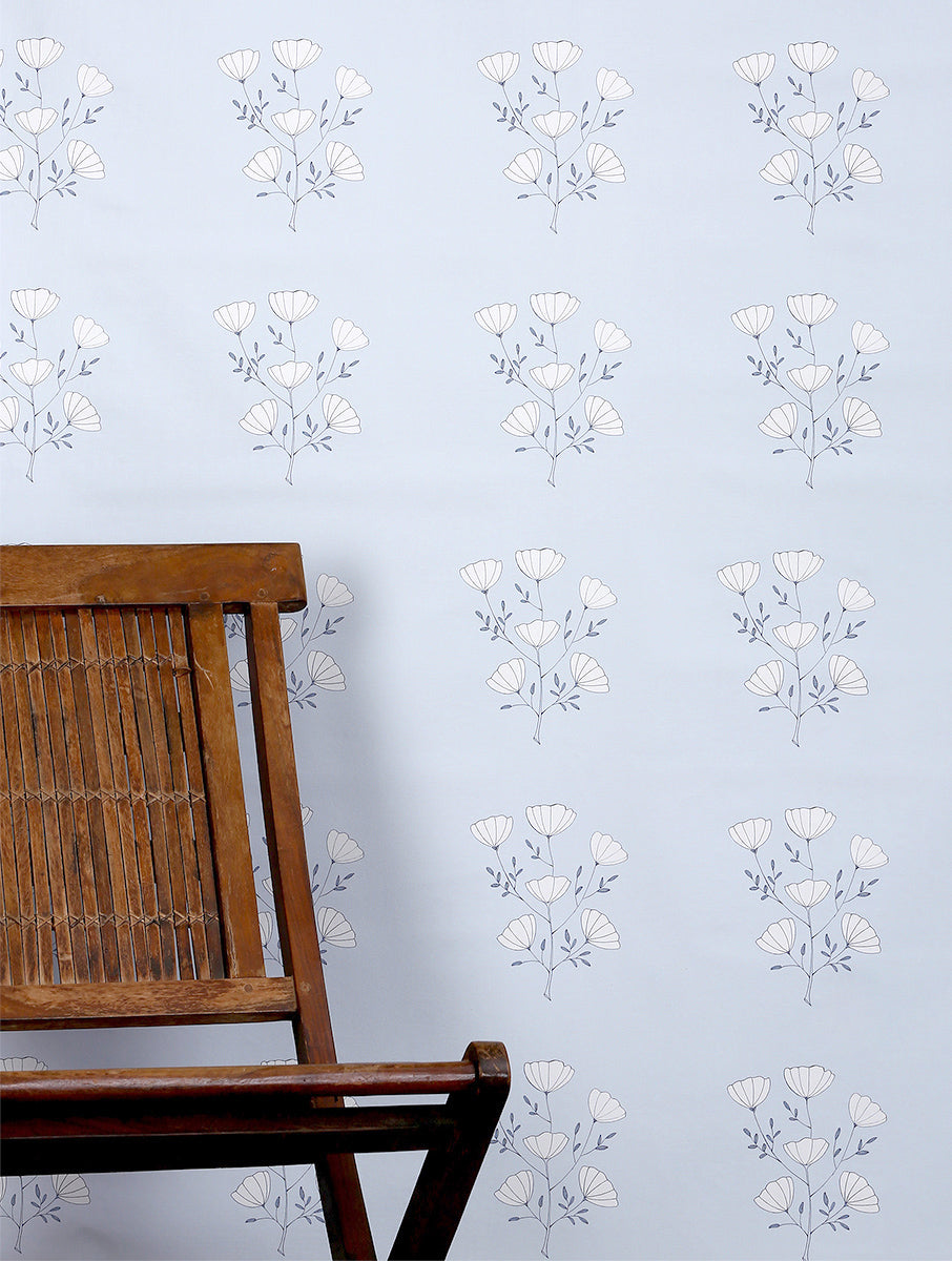 Sky-blue poppy wallpaper with fine line blooms and airy repeats.