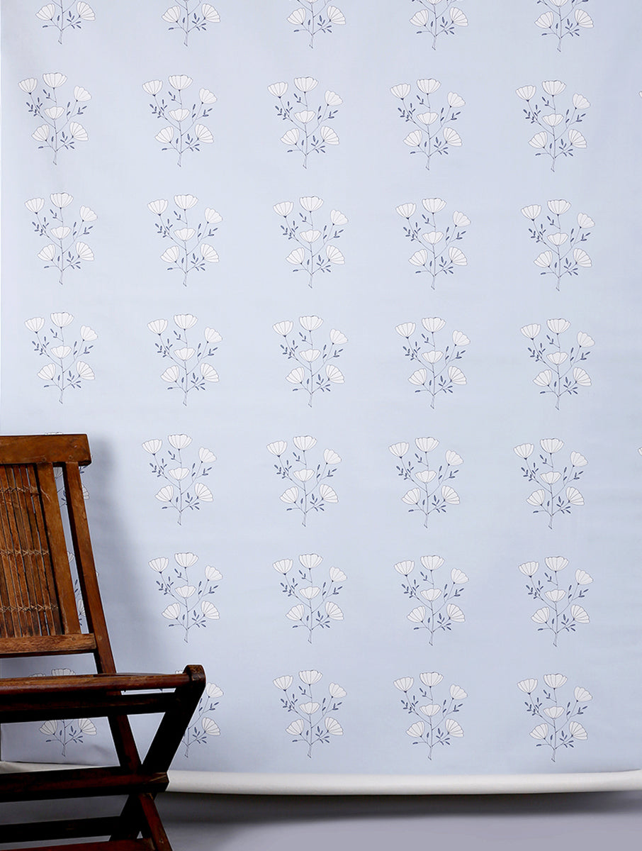 Sky-blue poppy wallpaper with fine line blooms and airy repeats.