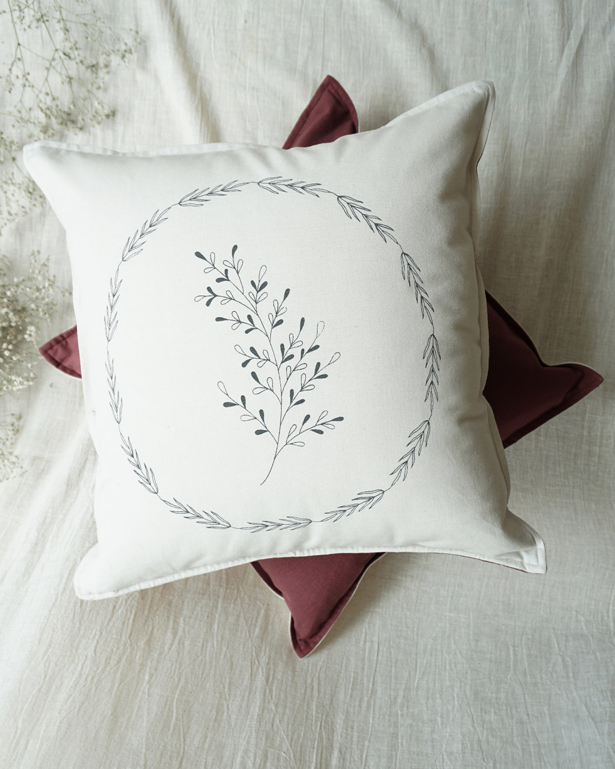 Foliage Cushion Cover, White Sand (16” X 16”)
