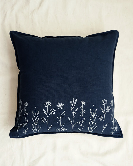 Wildflower Cushion Cover, Navy blue (16” X 16”)